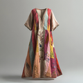 Women's Vintage Rainbow With Floral Patchwork Art Linen V-neck Short Sleeve Dress elevenforest