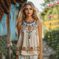 Vintage Floral Embroidery Pattern Women's  Linen Vest elevenforest