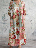 Women's V-Neck Vintage Rose Floral Pattern Cotton and Linen Dress with