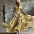 Women's Vintage Yellow Roses And Floral Art Print V-neck Maxi Dress elevenforest