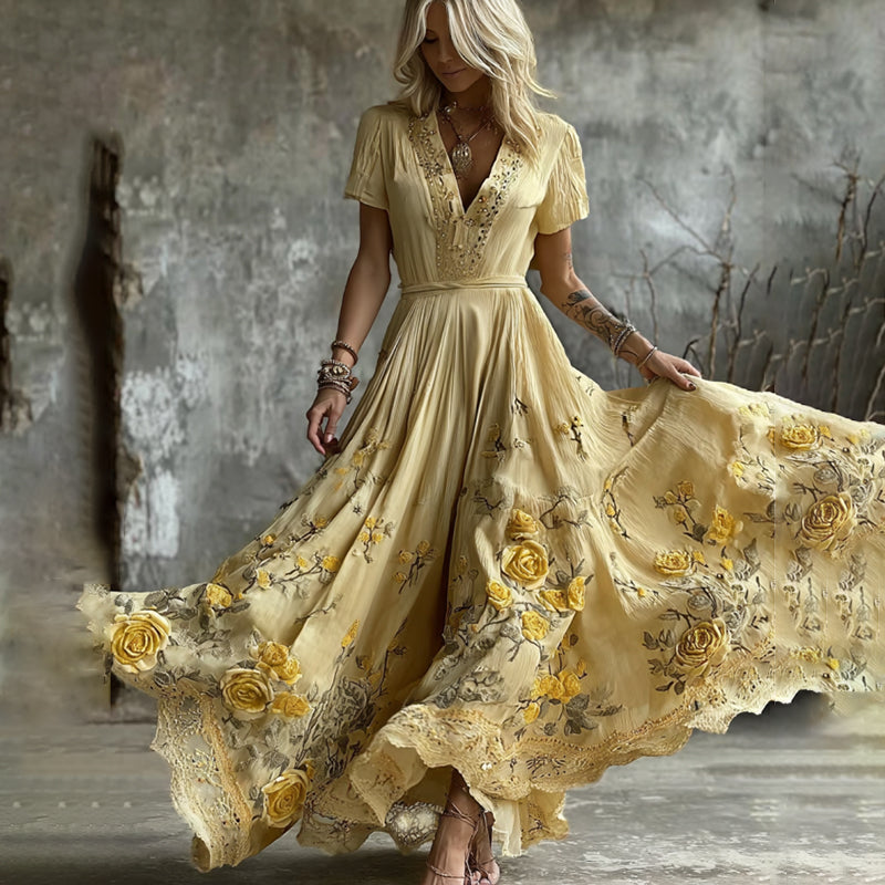 Women's Vintage Yellow Roses And Floral Art Print V-neck Maxi Dress elevenforest