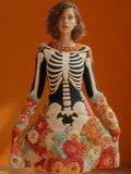 Women's Halloween Warm Tone Skull Rose Embroidered Dress elevenforest