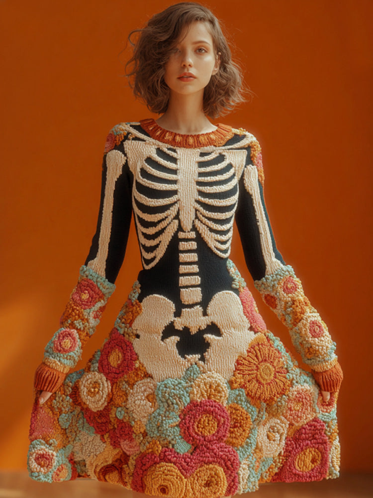 Women's Halloween Warm Tone Skull Rose Embroidered Dress elevenforest