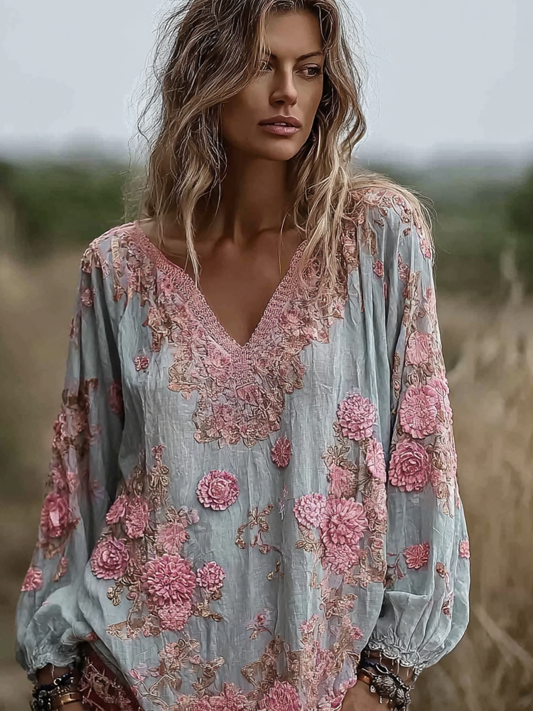 Bohemian Retro Countryside Style Plant Flower Design Cotton And Linen Women's Long-sleeve Shirt elevenforest
