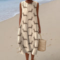 Comstylish Women's Retro Cute Dachshund Dog Art Linen Tank Midi Dress