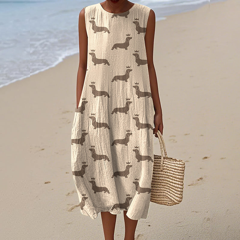 Comstylish Women's Retro Cute Dachshund Dog Art Linen Tank Midi Dress