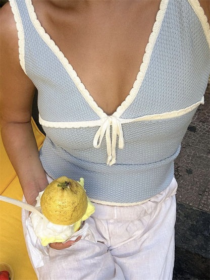Tossy Contrast Lace-up Backless Tank Top for Summer V-neck Cropped Y2k Top Vest Strapless Slim Female Tank Top New