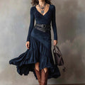Comstylish Vintage V Neck Long Sleeved Suede Midi Dress (with Belt)