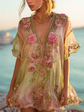 Vintage Boho Floral Embroidery Gradient Women's V-neck Loose Mini Dress elevenforest