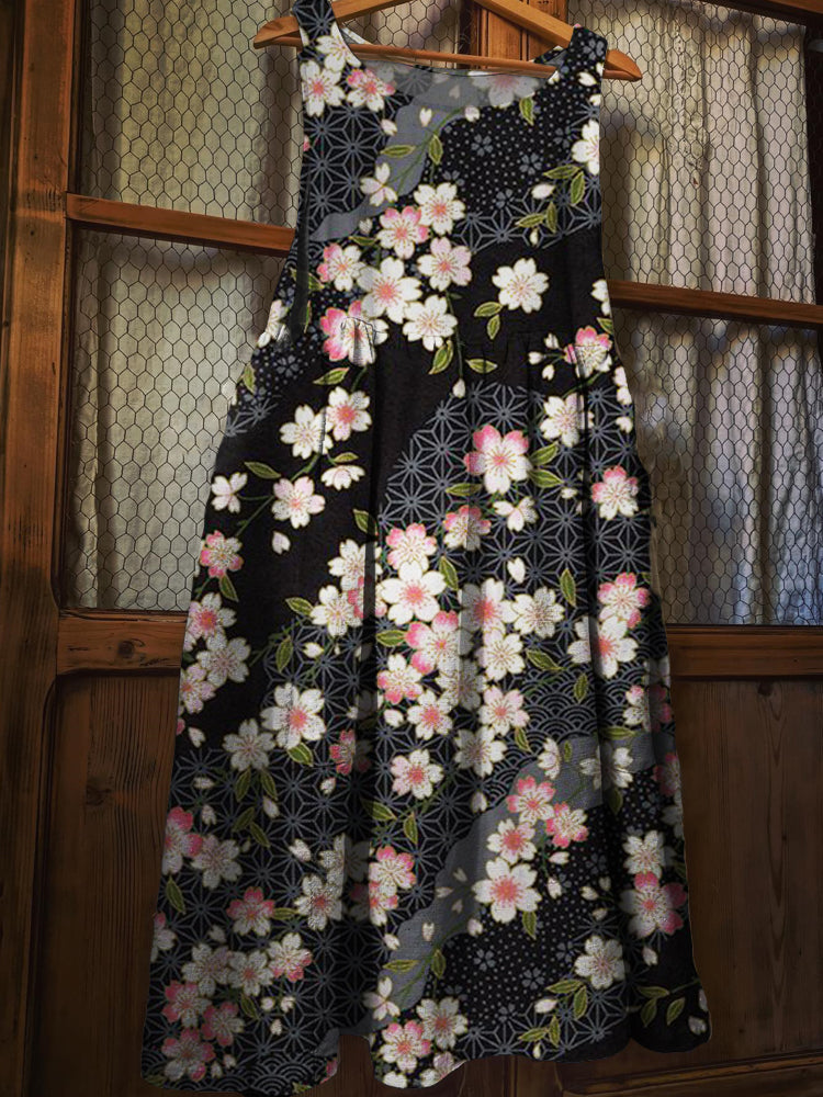 Cherry Blossom Japanese Traditional Pattern Linen Blend Pinafore Dress elevenforest