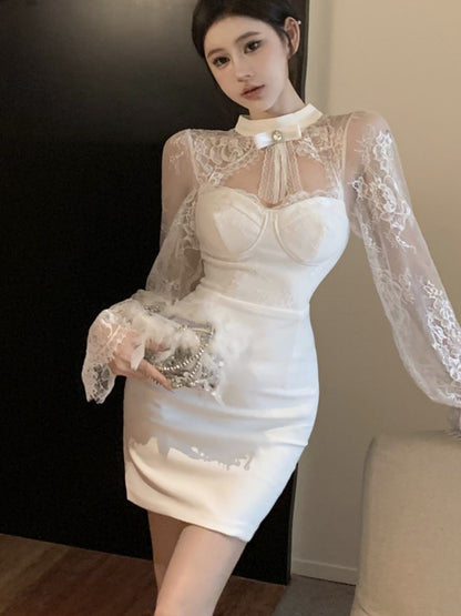 Mini Dress Lace Patchwork Flare Sleeve Hollow Out Autumn Spring Y2k Bodycon Wrap Hip Evening Party Vestidos Mujer New