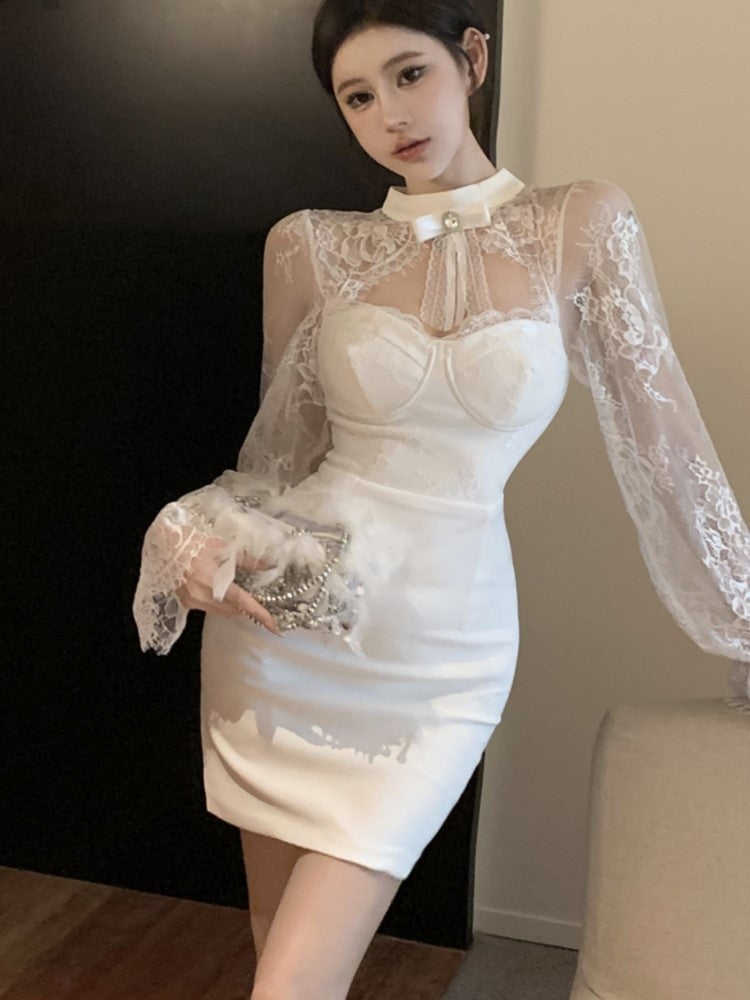 Mini Dress Lace Patchwork Flare Sleeve Hollow Out Autumn Spring Y2k Bodycon Wrap Hip Evening Party Vestidos Mujer New