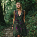 Vintage Purple Rose Embroidery Linen V Neck Sleeveless Dress elevenforest