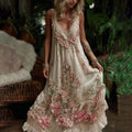 Vintage Rose And Floral Embroidered Linen Sleeveless Midi Dress elevenforest