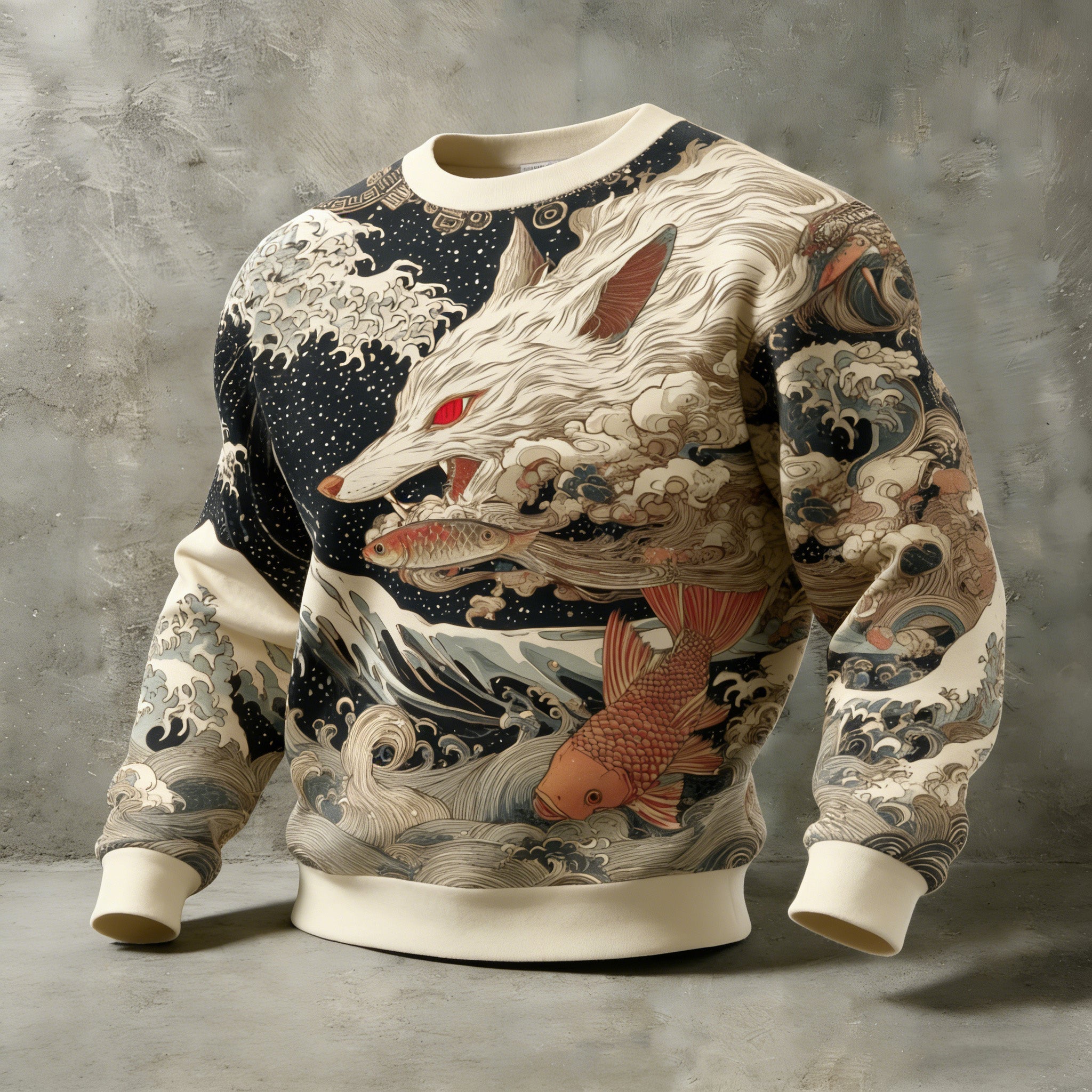 Men's Japanese-style Crew Neck Sweatshirt With Fox And Koi Fish Pattern elevenforest