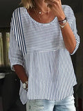 Loose Striped Quarter Sleeved Round Neck T-shirt.