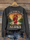 Comstylish Retro Peace Monk And Alok Dog Print Crew Neck Sweatshirt