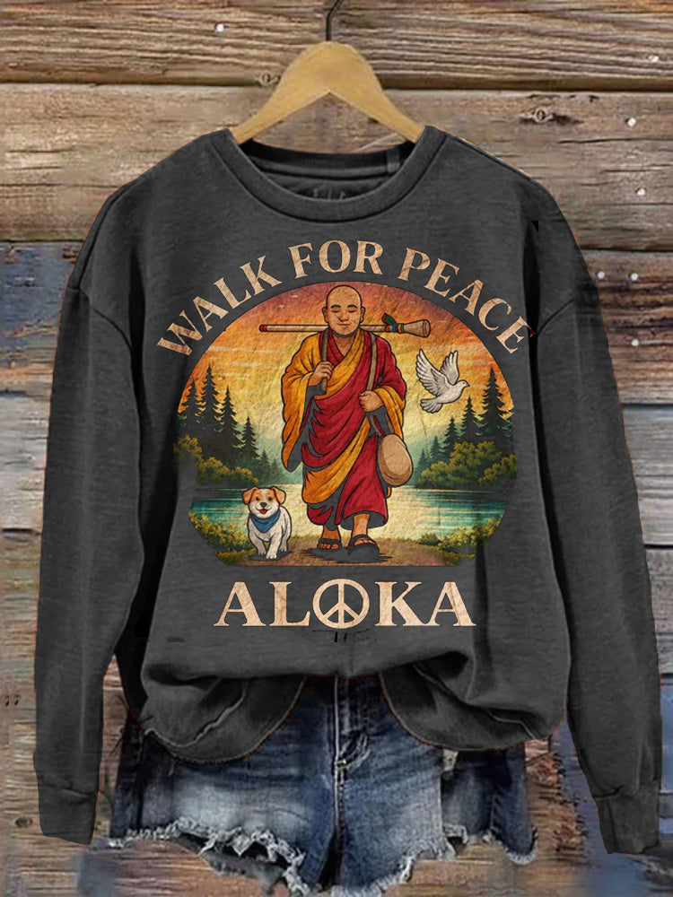 Comstylish Retro Peace Monk And Alok Dog Print Crew Neck Sweatshirt