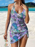Abstract Pattern Printed Pleated Drawstring V Neck Two-Piece Swimsuit Tutu Set Swimsuit