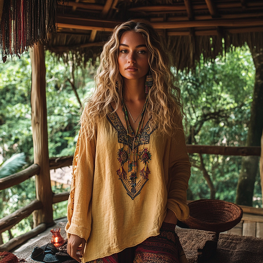 Boho Floral Embroidery Print Cotton And Linen Blend Loose Blouse elevenforest