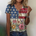 Comstylish Women's Vintage Independence Day Flag Floral Embroidery V-neck T-shirt