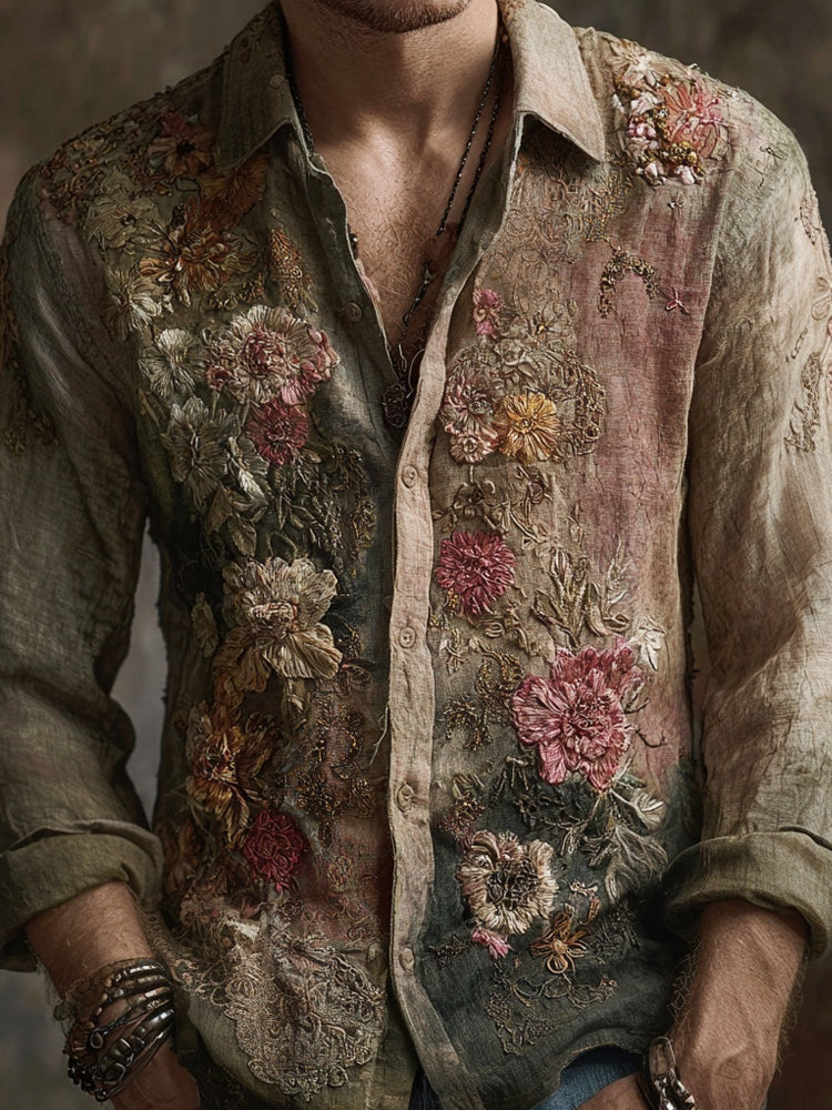 Men's Vintage Boho Floral Embroidered Linen Blouse elevenforest