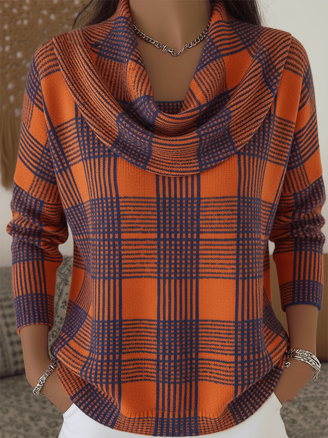Women'S Casual Plaid Sweater With Special Collar 