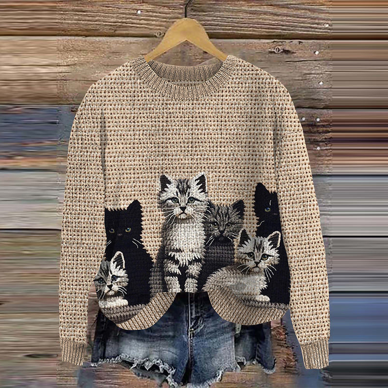 Women's Vintage Cute Cat Art Cozy Crew Neck Sweater elevenforest