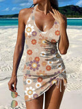 Vintage Floral Print Pleated Drawstring V-neck Tankini Pantskirt Set Swimsuit
