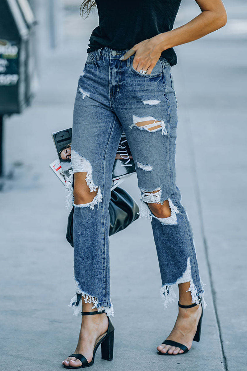 Street Ripped Make Old High Waist Regular Denim Jeans