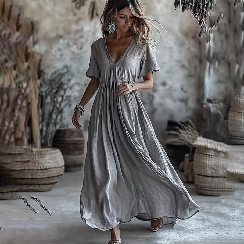 Vintage Solid Color V Neck Cotton Linen Maxi Dress elevenforest