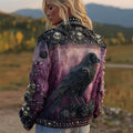 Halloween Raven Skull Rose Beaded Washed Denim Jacket elevenforest