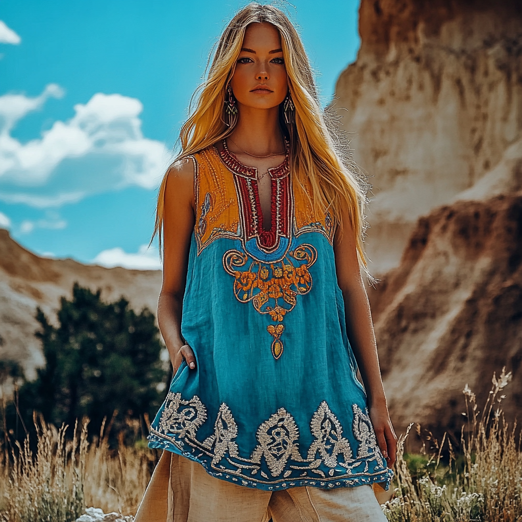 Vintage Tribal Ethnic Floral Embroidery Art V-neck Linen T-shirt elevenforest