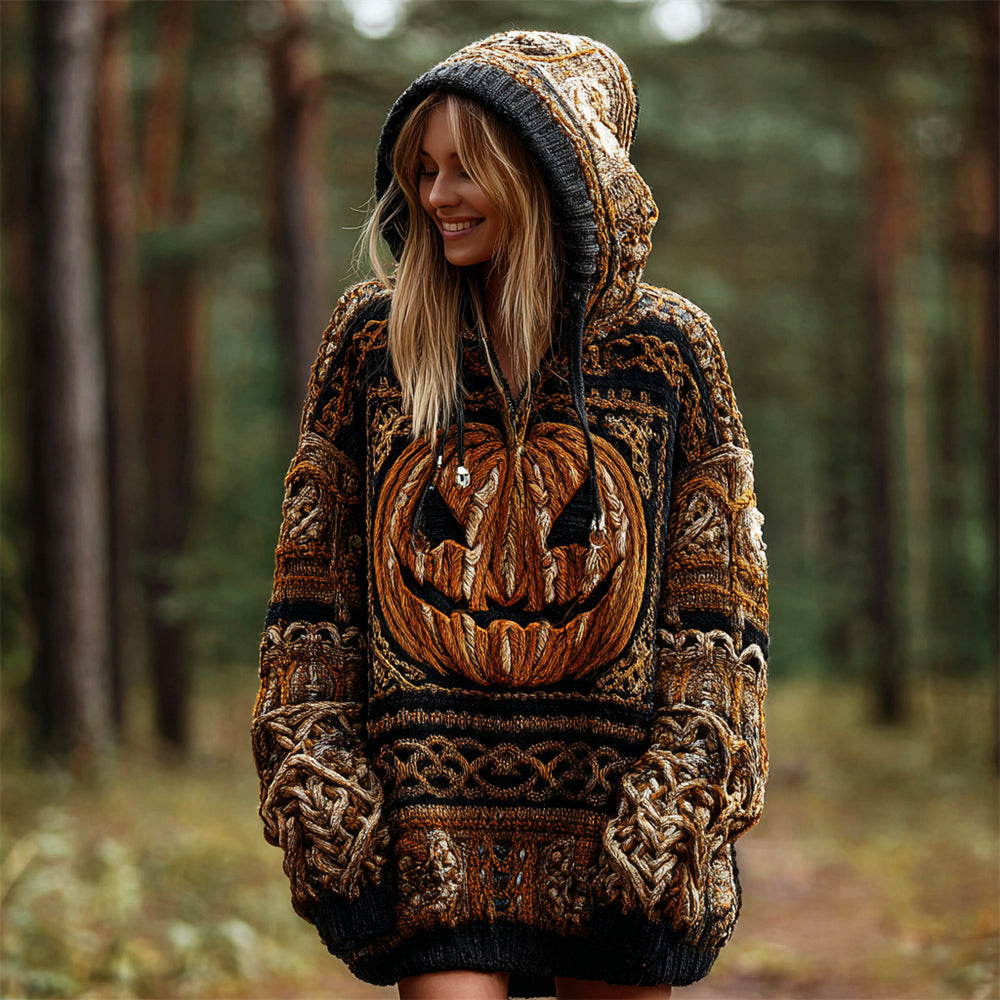 Halloween Pumpkin Lights Women's Chunky Knit Hooded Sweater artswardrobe