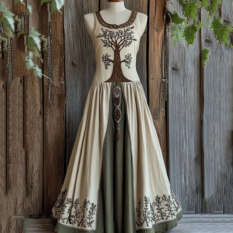 Vintage Viking Celtic Tree Pattern Linen Comfy Tank Dress elevenforest