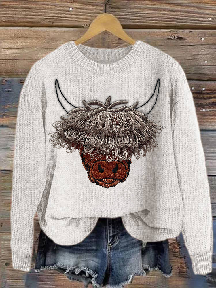 Vintage Highland Cow Embroidery Cozy Knit Sweater artswardrobe