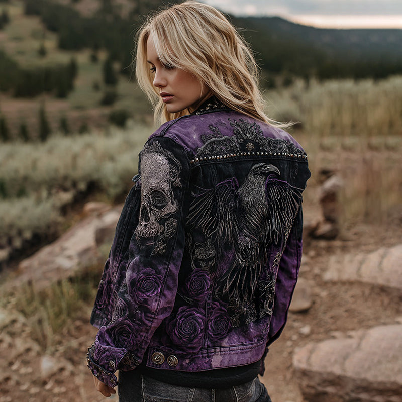 Halloween Raven Skull Rose Embroidery Beaded Washed Denim Jacket elevenforest