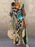 Vintage Geometric Abstract Art Women's Linen Maxi Dress elevenforest