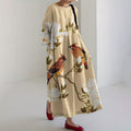 Comstylish Vintage Japanese Art Floral And Birds Flowy Linen Maxi Dress