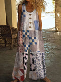 Vintage Square Patchwork Boho Art Women's Linen Wide Leg Jumpsuit elevenforest