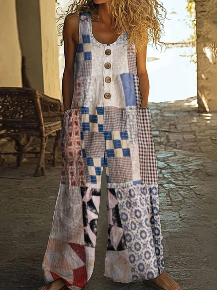 Vintage Square Patchwork Boho Art Women's Linen Wide Leg Jumpsuit elevenforest