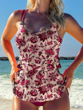 Retro Red Flower Print Halter Ruffle Ruched Jacquard Tankini Short Set