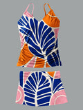 V-Neck Vintage Flowers Print Suspender Skirt Tankini Pantskirt Set Swimsuit