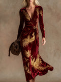 Elegant vintage print V-neck velvet maxi dress