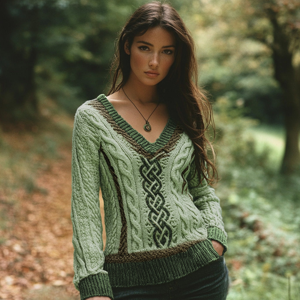 Vintage V-neck Knitted Two-tone Jacquard Irish Aran Sweater elevenforest