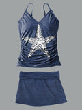Starfish V-Neck Vintage Flowers Print Suspender Skirt Tankini Pantskirt Set Swimsuit