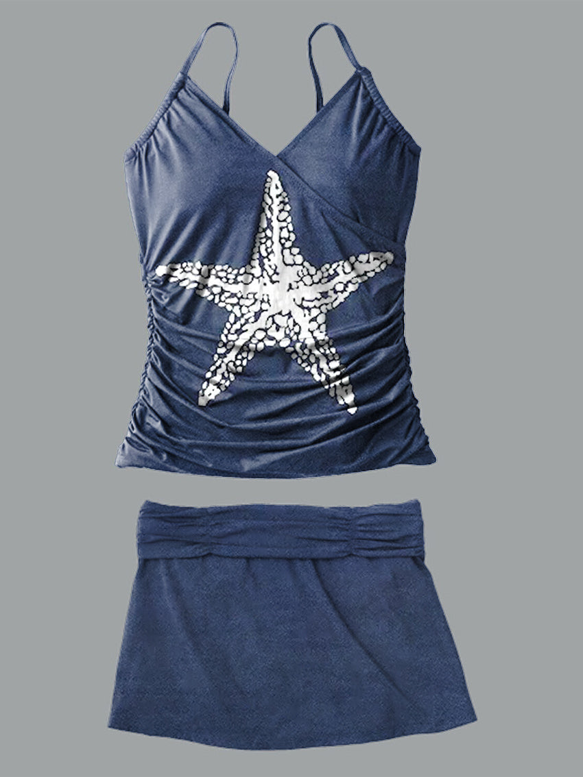Starfish V-Neck Vintage Flowers Print Suspender Skirt Tankini Pantskirt Set Swimsuit
