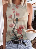 Comstylish Retro Plum Blossom Dragonfly Japanese Art Print Crew Neck Tank Top