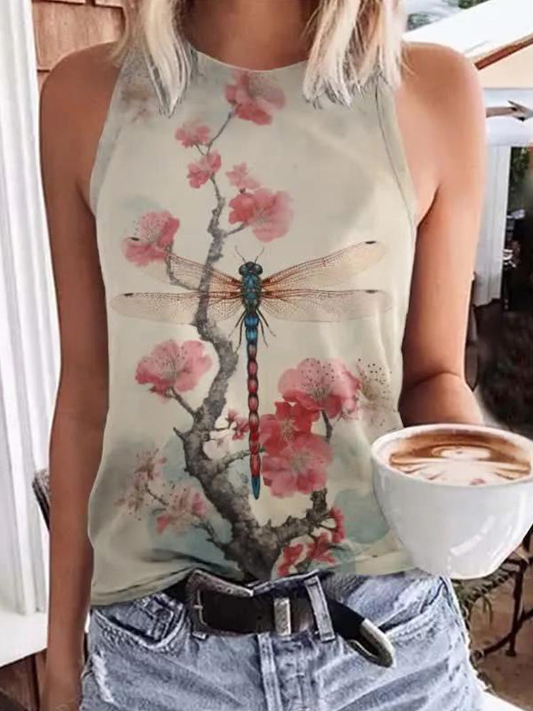 Comstylish Retro Plum Blossom Dragonfly Japanese Art Print Crew Neck Tank Top