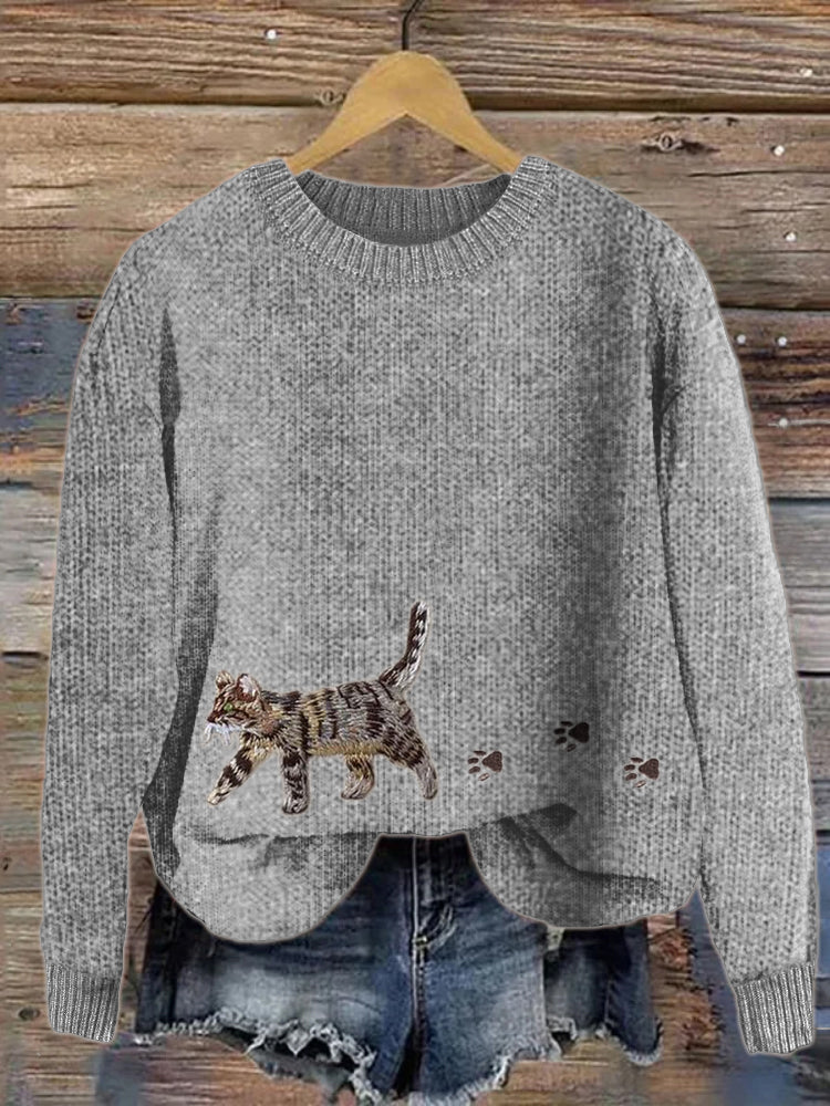 Cat & Paw Prints Embroidered Cozy Knit Sweater elevenforest